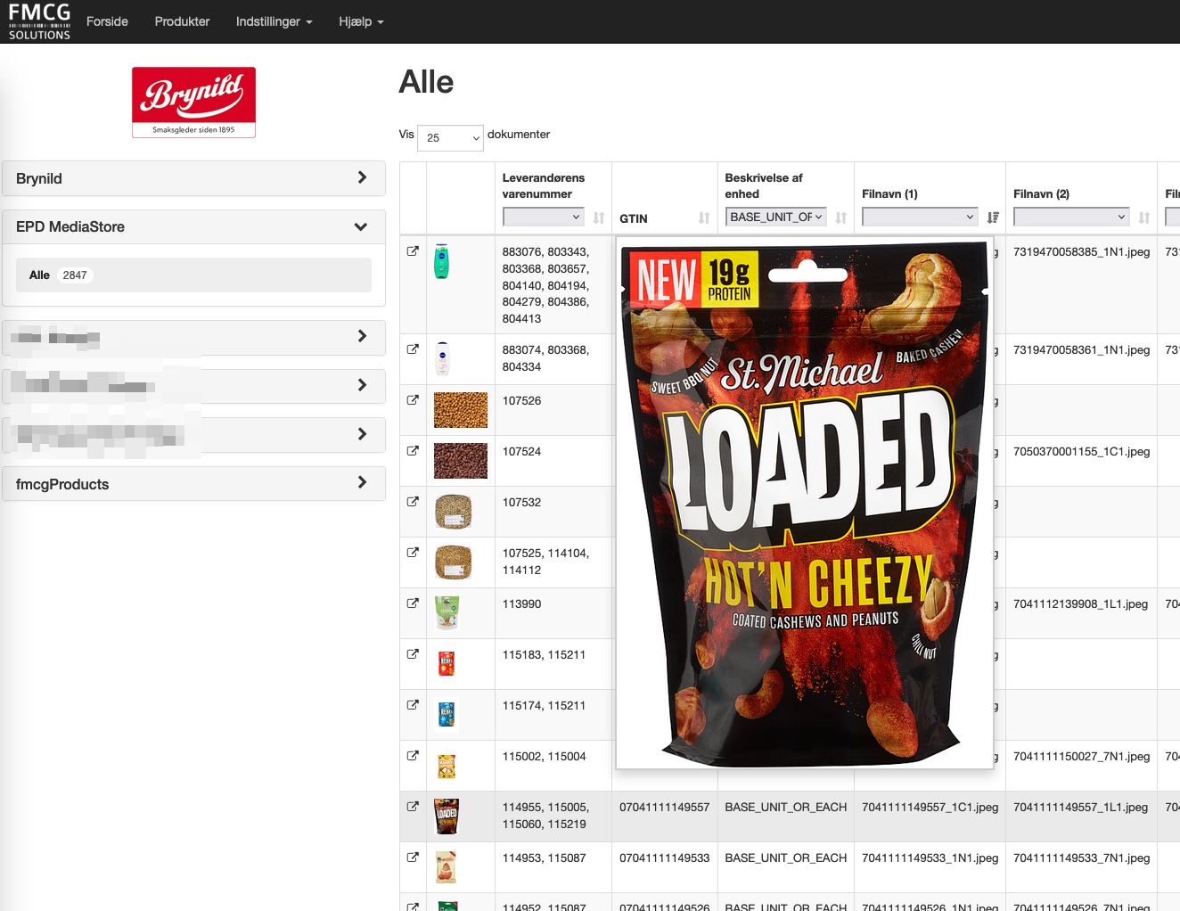 Product overview in fmcgProducts with thumbnails and image preview